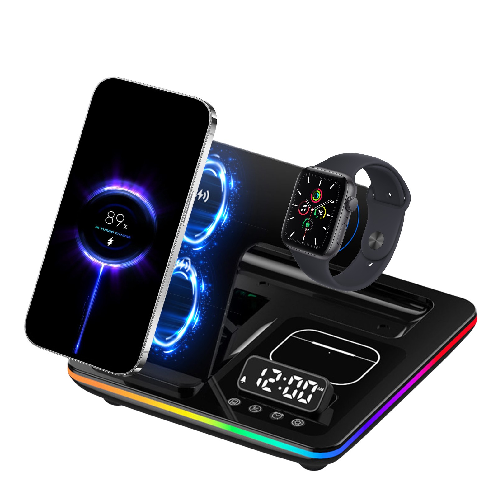 Isvgxsz New 3-In-1 Foldable Wireless Charger Wireless Charger Digital Display Clock Alarm Clock Rgb Light for Mobile Phone 15W Fast Charging for Watch Earphones Travel Essentials